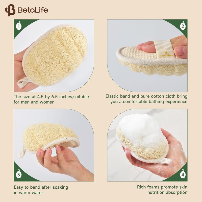 Betalife Natural Loofah Sponge Exfoliating Body Scrubber 2 Count (1 Pack), Made with Natural and Eco-Friendly Luffa for Women and Men