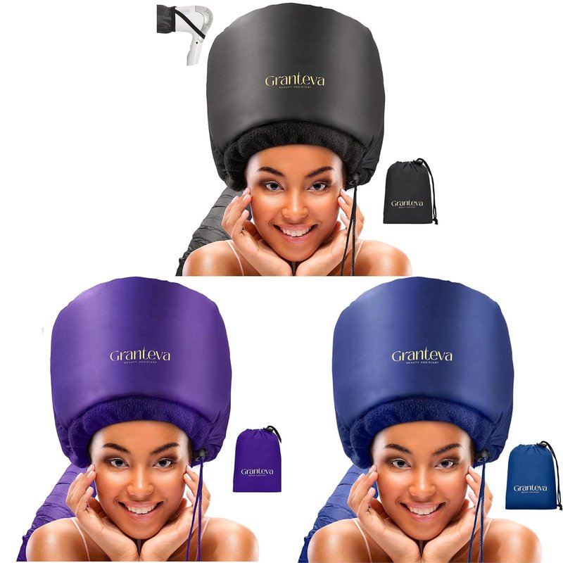 Hooded Hair Dryer | Integrated Headband for Heat Reduction - Curly Hair Diffuser Cap Set of 3 for Fast Drying & Deep Conditioning