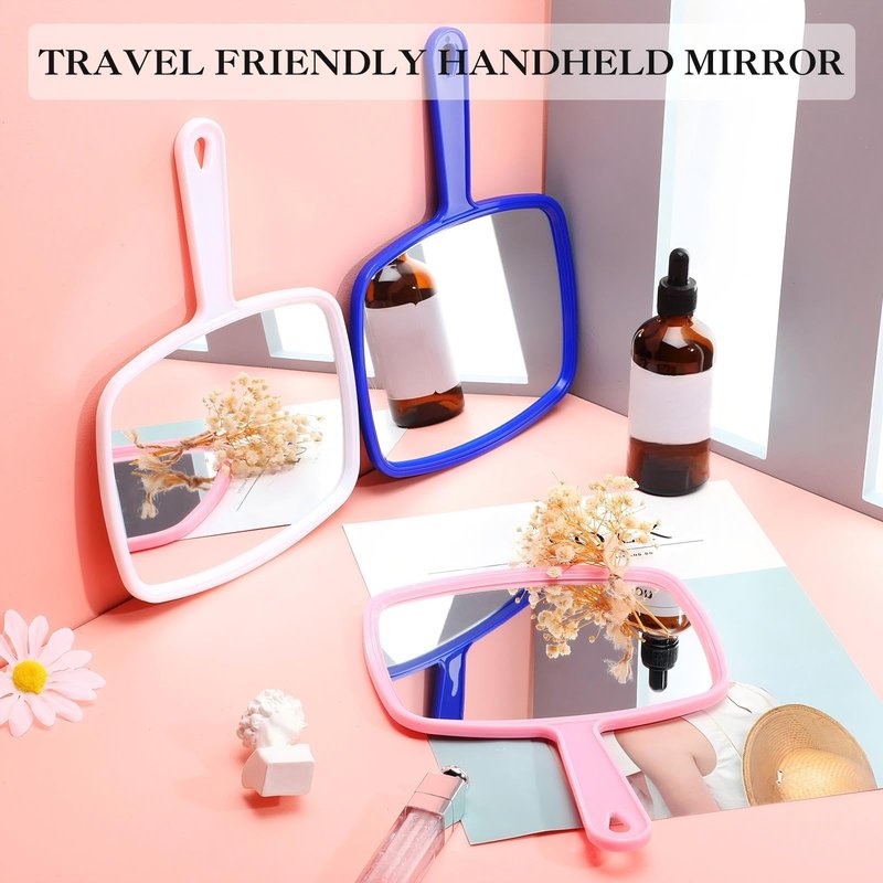 Jetec 3 Pcs Hand Handheld Mirrors with Handle Bulk, Small Portable Salon Barber Hairdressing Vanity Cosmetic Mirror for Travel, Home, Square(9.17 x 6.53 Inch,Blue, White, Pink)