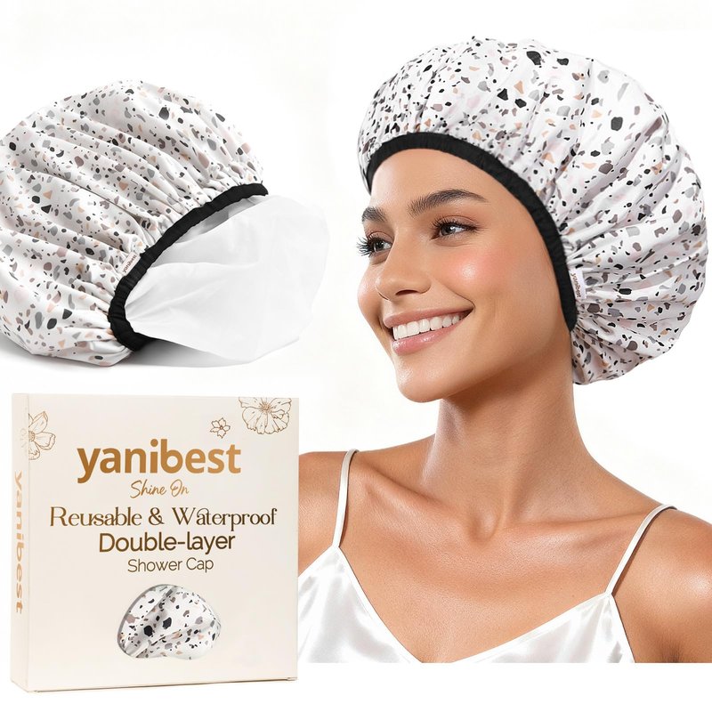 Yanibest Shower Cap Reusable Waterproof - Double Layer Shower Caps for Women, Washable Shower Bonnet with Soft Non-Slip Elastic Band, Bath Hair Hat for Most Hair Types