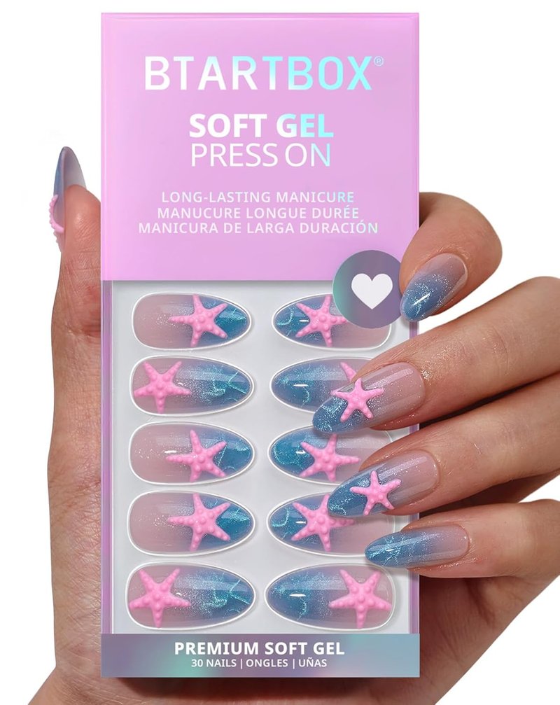 Press On Nails - Star Shore 3D Starfish Blue Cat Eye Almond | Easy Application, 15 Sizes, 30 Nails Kit