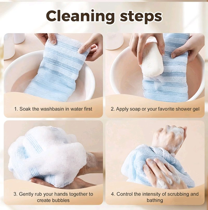 Exfoliating Body Scrubber, Back Scrubber for Shower, Japanese Exfoliating Washcloth Towel, Loofah Sponge Net Body Exfoliator for Men Women+Free Loofah Dish Towel (4Pcs Long Bath Towel)