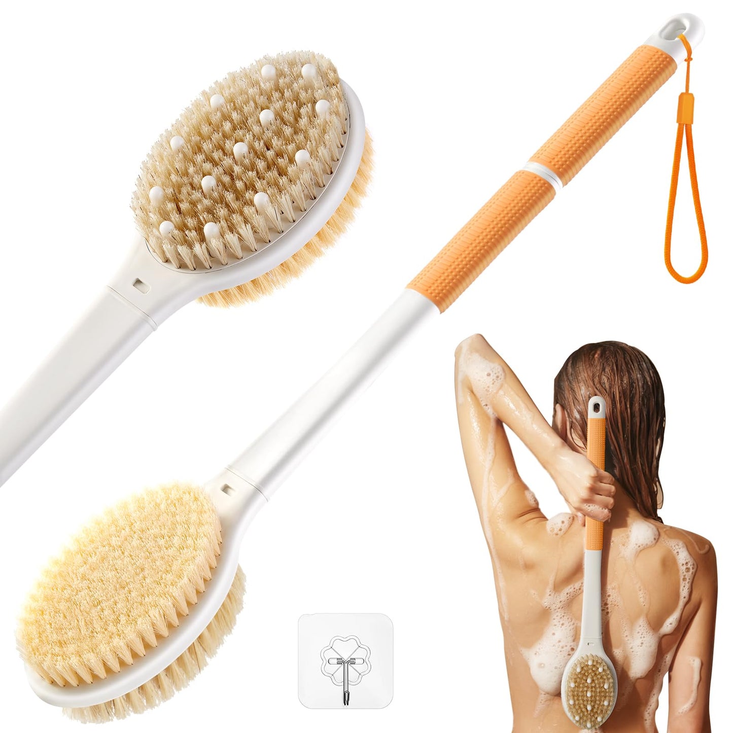 Shower Brush for Massage Dry Brushing: Back Scrubber for Shower with 18.1" Anti Slip Long Handle - Bath Body Brush for Lymphatic Drainage Exfoliator Improving Skin Health for Women Men Elderly(Orange)