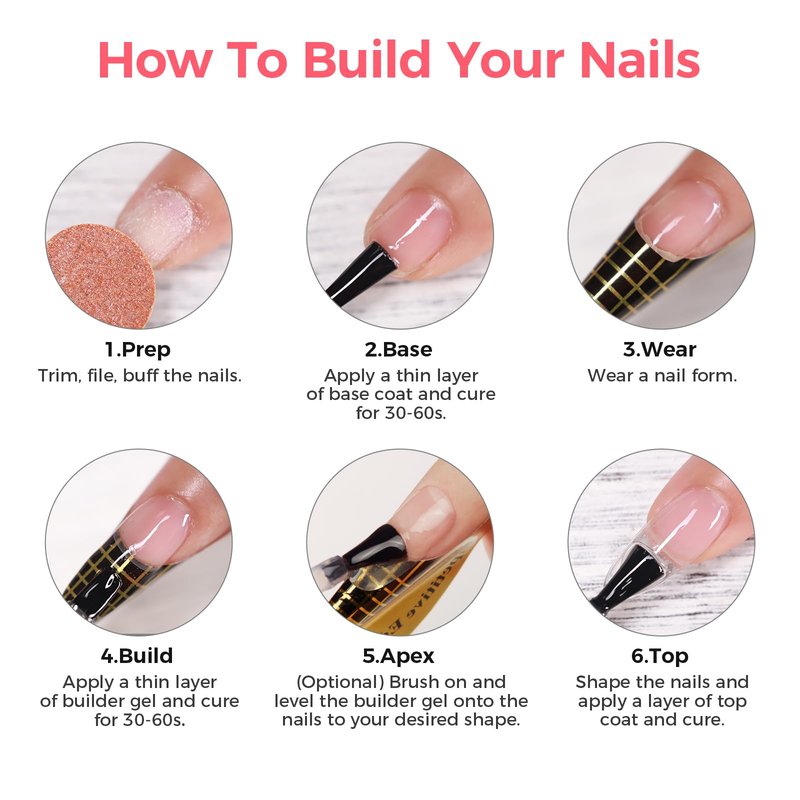 GELLAKTIK Builder Gel for Nails, 60g Glitter Pink Hard Gel for Nail Extension with 10 Nail Forms, Strengthener & Thickening, UV LED Lamp Cured Sculpture, Repair Broken Nails, Salon DIY Manicure Kit