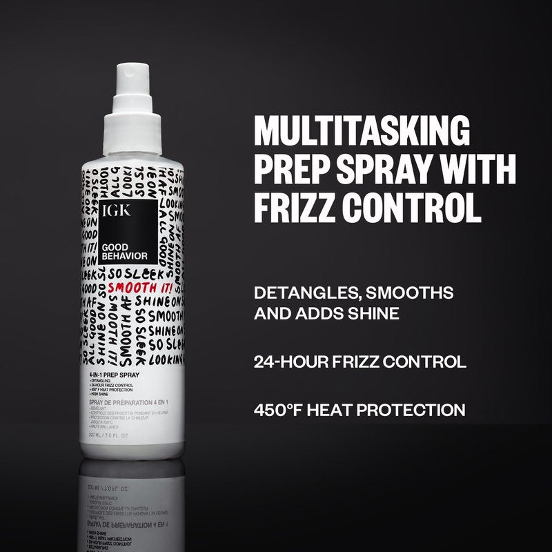 IGK GOOD BEHAVIOR 4-in-1 Prep Spray | Leave In + Detangle + Heat Protectant | Vegan + Cruelty Free | 7 Oz