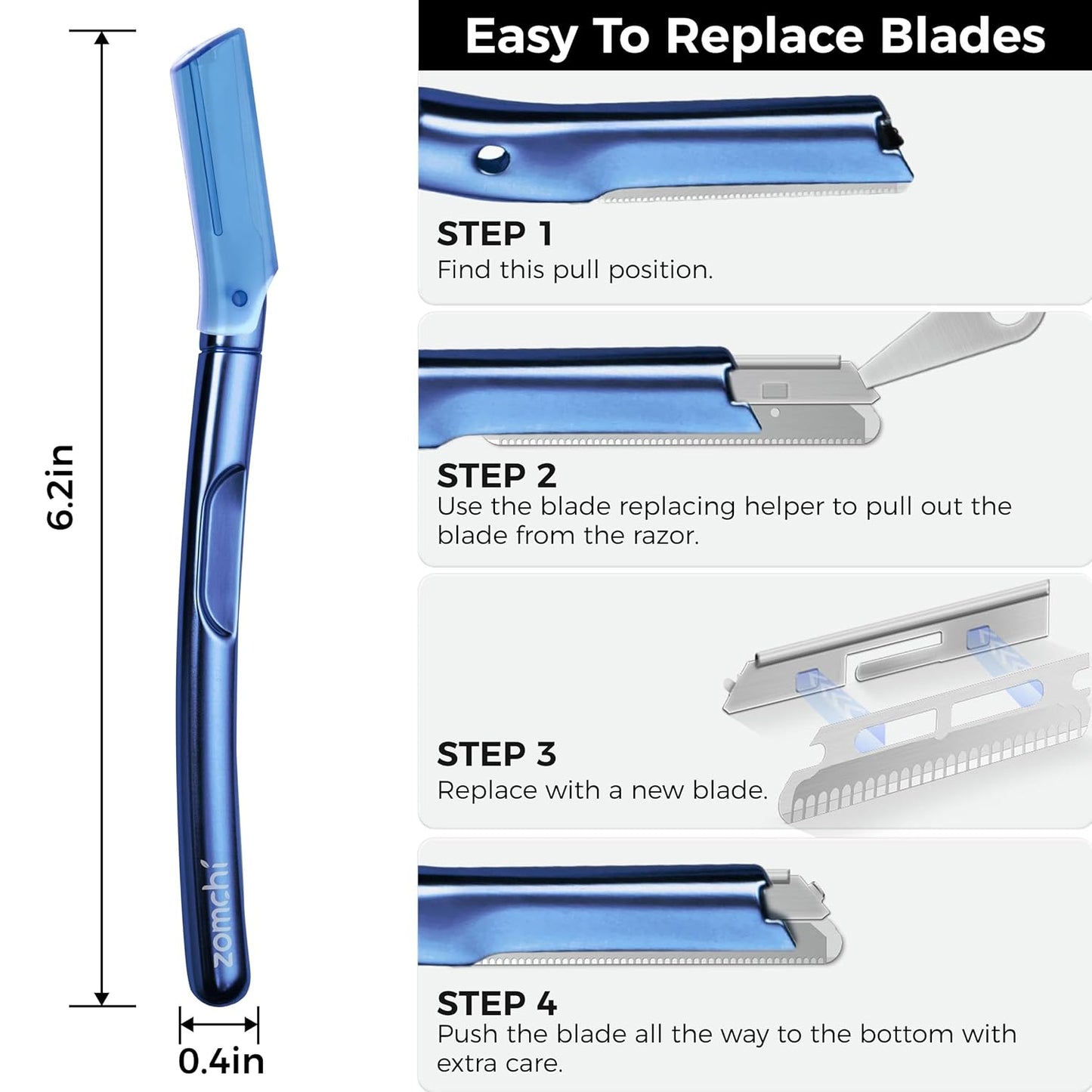 ZOMCHI Dermaplane Razor Set - Reusable Eyebrow Trimmer with 11 Blades & Protective Cap | Matte Blue