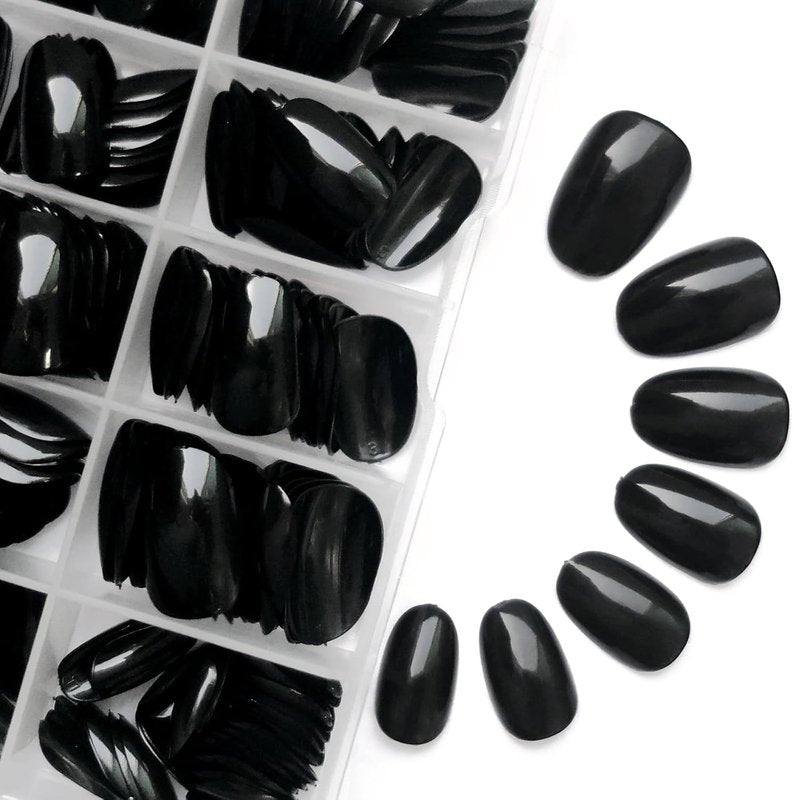 Almond Press On Nails - Short Black Full Cover Acrylic Tips | 240 Round Fake Nails with Adhesive for Women & Kids