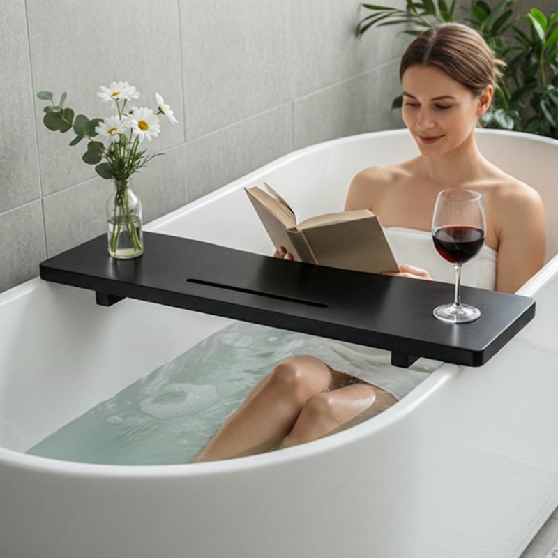 Elegant Black Bamboo Bathtub Tray Caddy for Freestanding Tub, 35" L Adjustable Bath Tray for Tub, Luxury Spa Bathroom Tray Organizer Table, Bath Tub Accessories for Women, Housewarming, Birthday Gifts