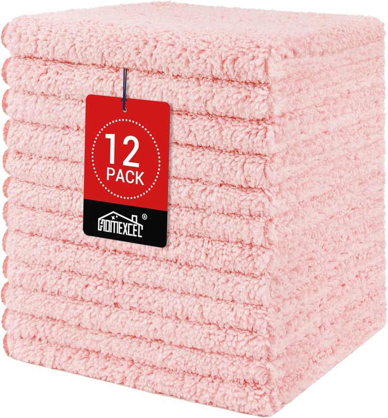 HOMEXCEL Microfiber Washcloths - 12 Pack of Soft, Highly Absorbent Face Towels | Multi-Purpose, 12x12 Inch, Pink