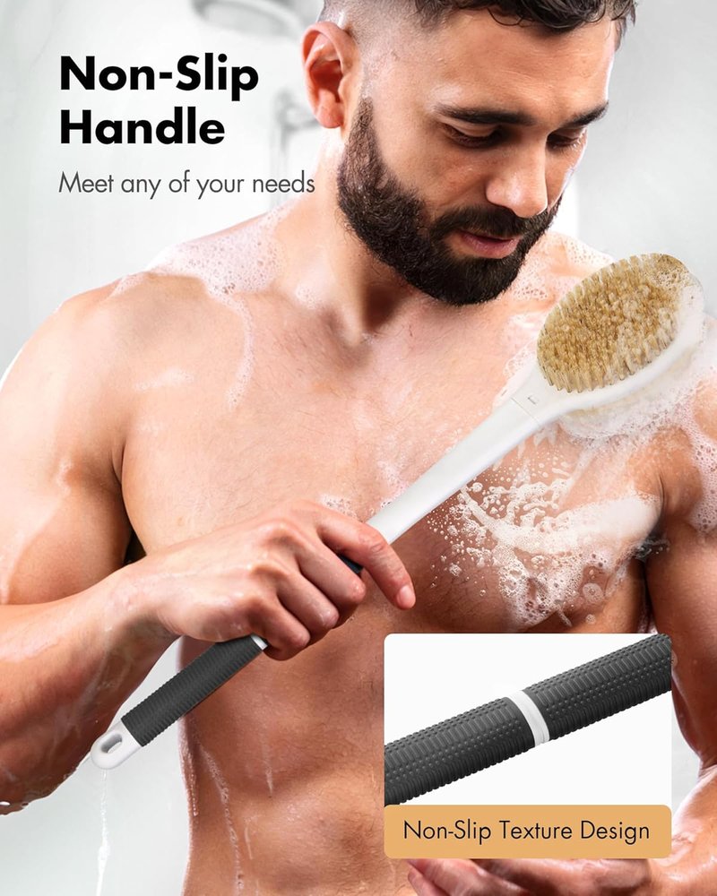 Back Scrubber - Anti-Slip Long Handle Bath Brush for Exfoliation | 18.1'' Charcoal Gray, Stiff & Soft Bristles