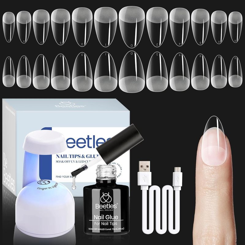 Beetles Gel Nail Kit - 504pcs Almond Short Nail Tips with 9-in-1 Glue & Mini LED Light | DIY Acrylic Set for Home Use, Perfect Gift for Women & Girls