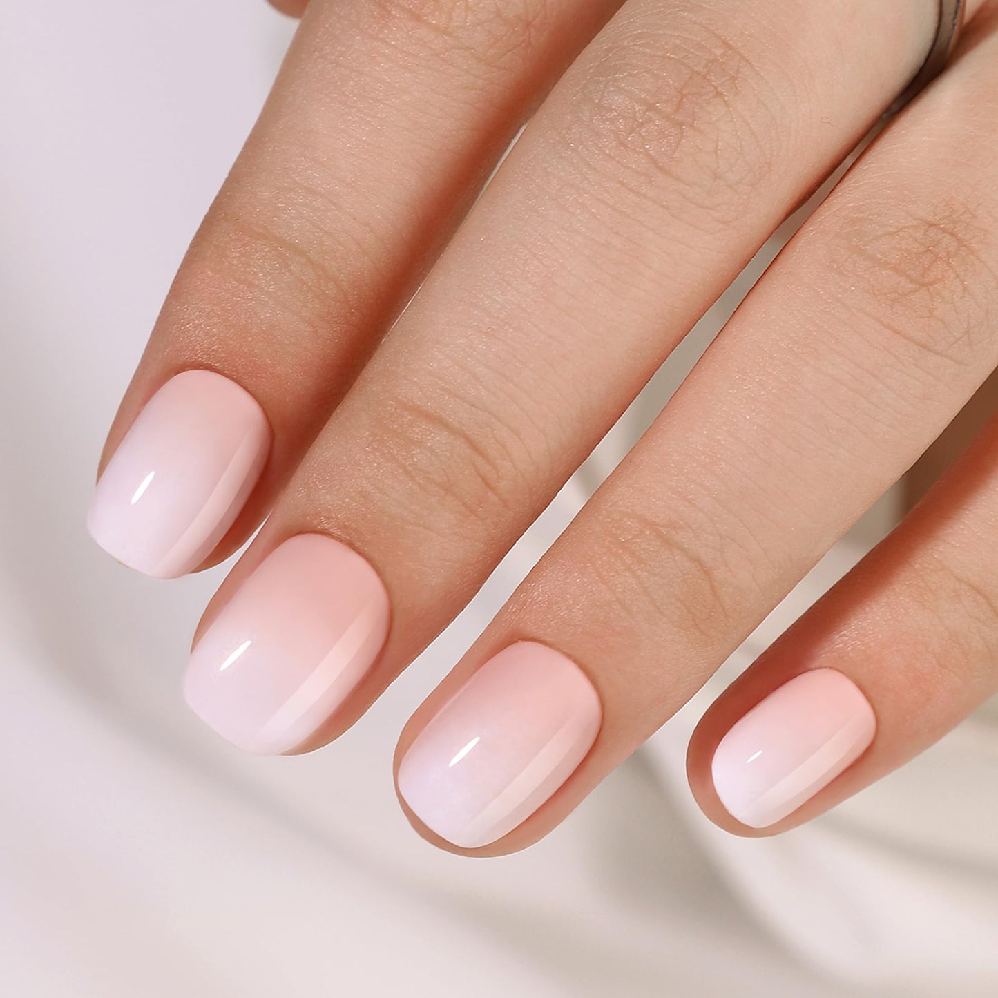 WAFOLOZE Gel Press On Nails - White Ombre Square Short Fake Nails With Glue, 16 Sizes, 32Pcs Reusable Soft Gel False Tips Kit