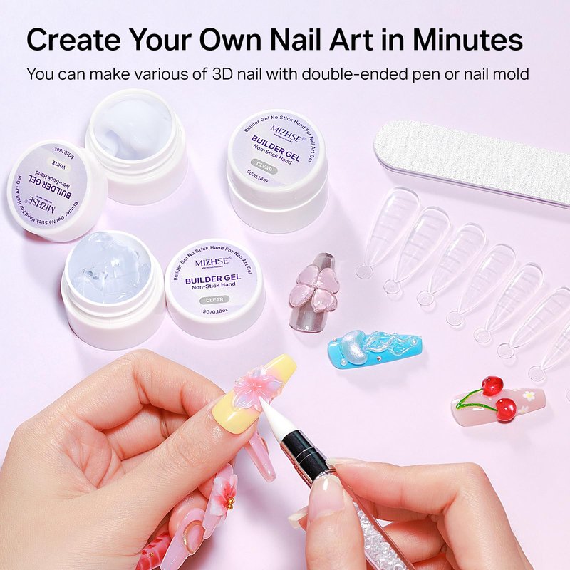 MIZHSE 3PCS 3D Sculpting Gel Nail Art, Clear White 5 in 1 Solid Builder Gel Set Hard Gel for Nails Non-Sticky U V LED Molding Building Gel with Dual Forms for Beginners Salon Home DIY Travel Size