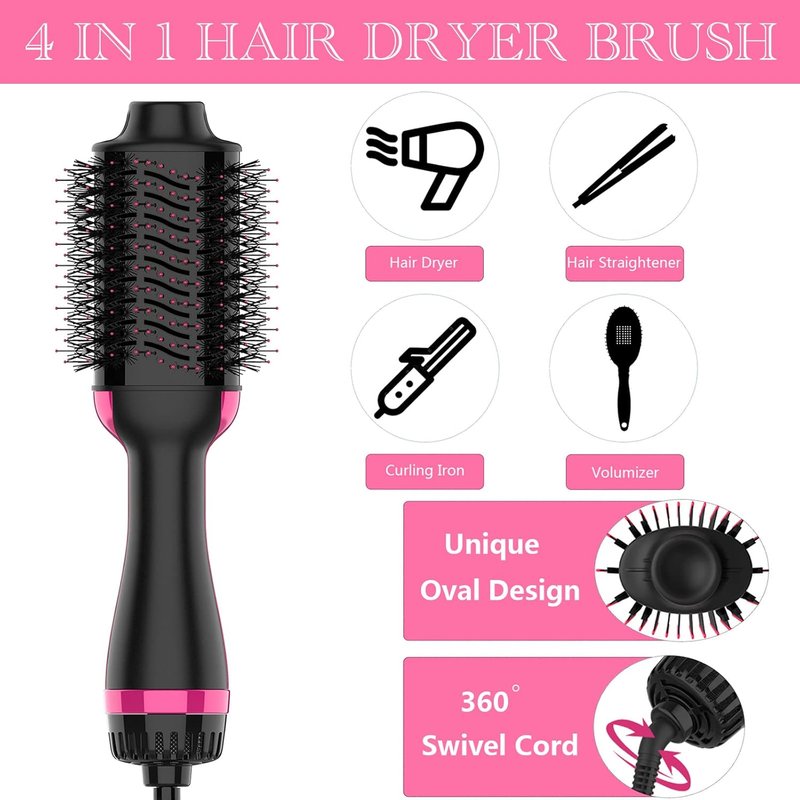 Dimecano Hair Dryer Brush - 4-in-1 Hot Air Styler for Volumizing & Straightening | Black & Pink