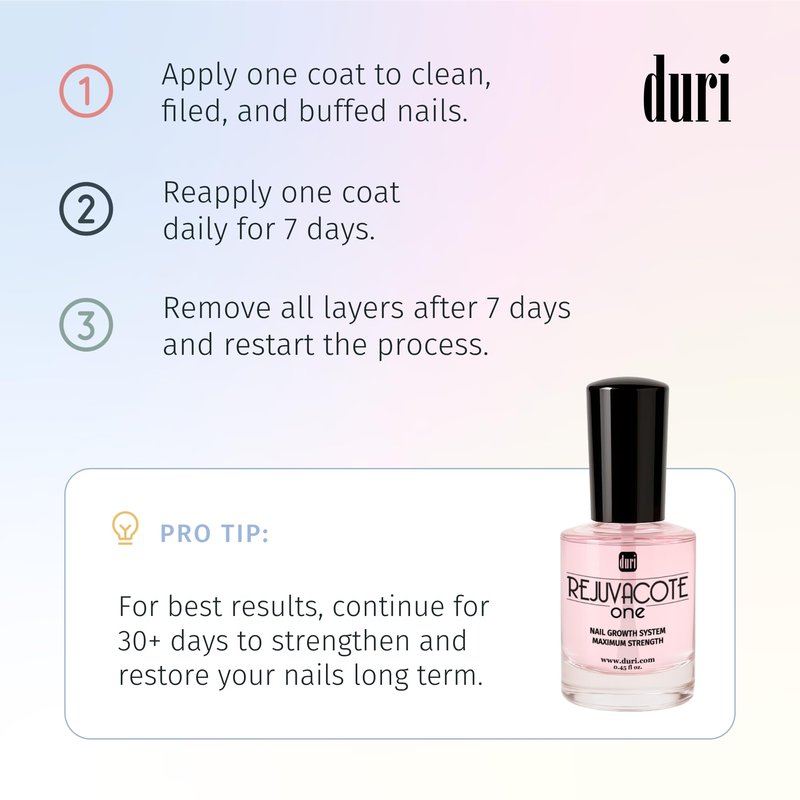 Duri Rejuvacote 1 Original Maximum Strength Nail Growth System Base and Top Coat - Nail Hardener Repair Chipping Strengthen Breaking and Brittle Treatment, by Duri Cosmetics (Pack of 1)