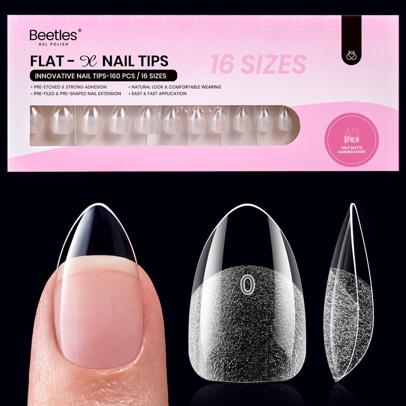 Beetles Gel Nail Tips Flat-X - Almond Short, 160pcs 16 Sizes, Pre-Etched Half Matte Full Cover Soft Acrylic False Nail Tips Clear Press on Easy DIY Extension Salon for Flat & Natural Nail Beds
