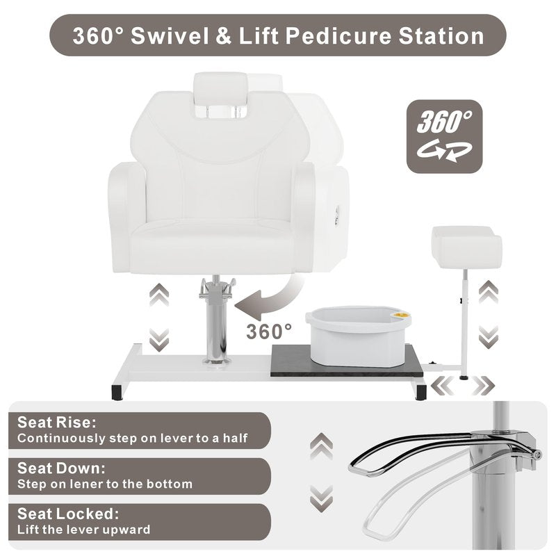KIGOTY Pedicure Chair No Plumbing for Nail Tech, 360° Swivel Nail Tech Pedicure Chair for Salon with Massage Bath Bowl & Footrest, Height Adjustable Reclining Foot Station Unit, Foot Spa Chairs, White