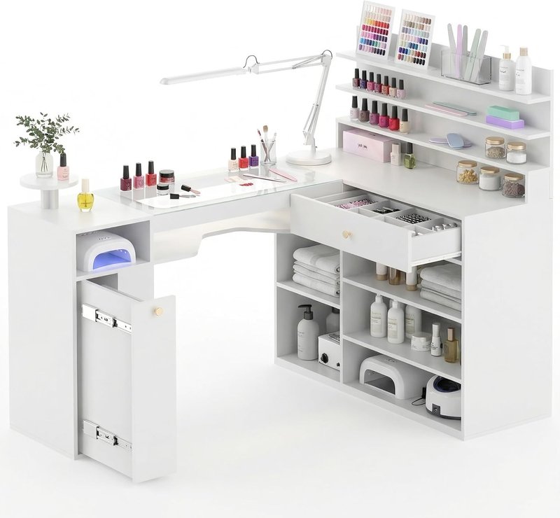 Manicure Table - 60-Inch L-Shaped Nail Desk with Glass Top | White with Shelves & Drawer Storage