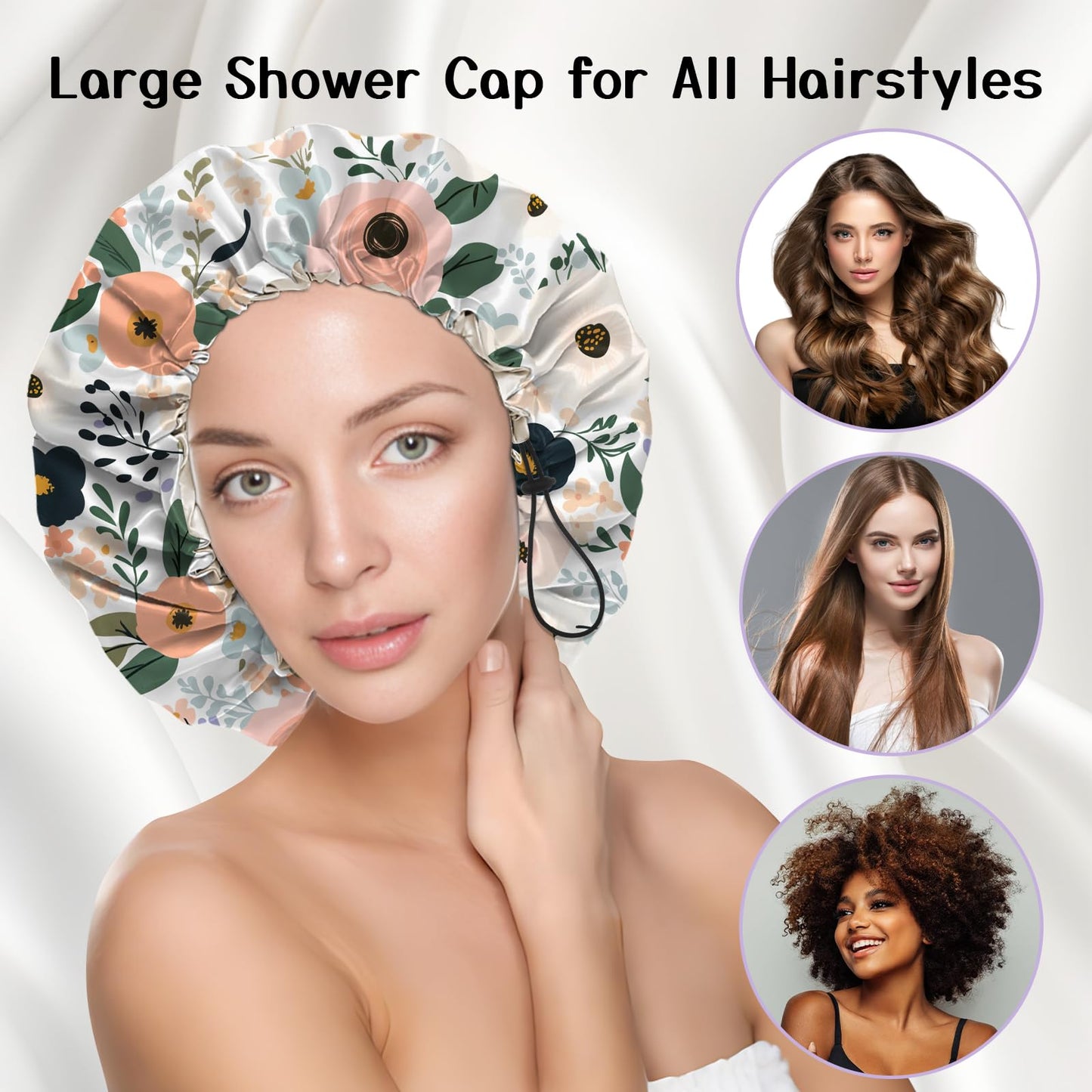 Deokke Luxury Shower Cap Silk Satin Lined Waterproof Reusable Adjustable Elastic Dry Hair Bathing Caps Cute for Women Girls-Flower