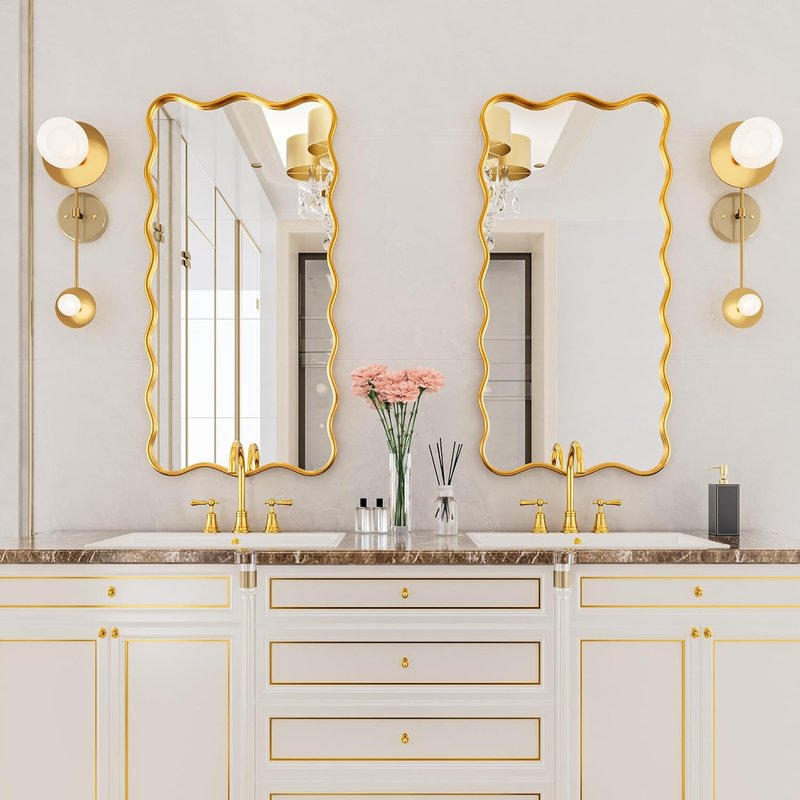 PROHOMEWARE Gold Bathroom Mirror - Wavy Rectangular Wall-Mounted Vanity Mirror | 24" x 48" for Bedroom, Entryway, Living Room