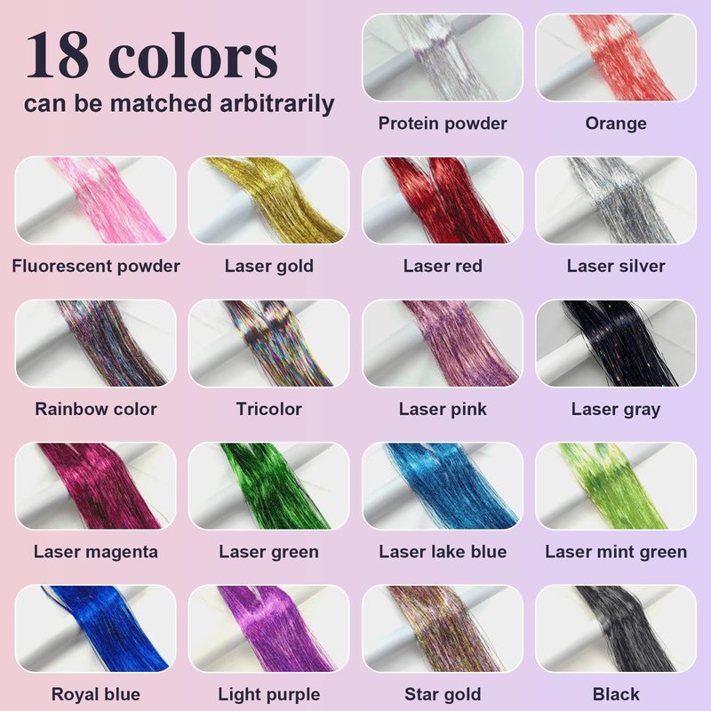 Leuceiy 18 Colors Hair Tinsel Kit, 48 Inch Hair Extensions With Tool, 5400 Strands Sparkling Dazzle Glitter Shiny Fairy Hair Heat Resistant for Girls Women Christmas New Year Festival Party