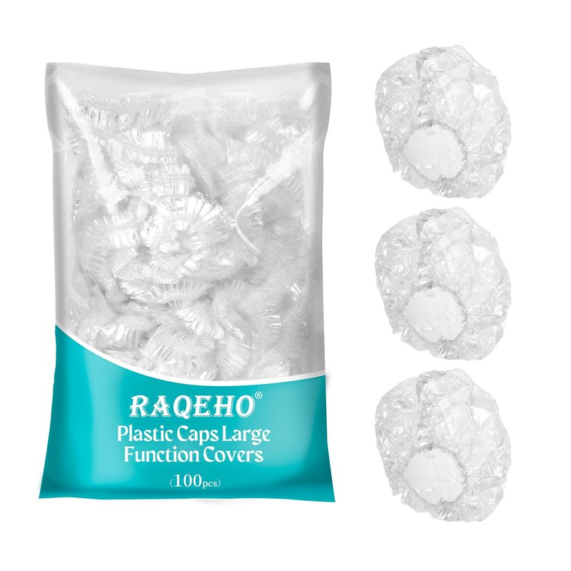 RAQEHO Disposable Shower Caps 100pcs - Large Clear Plastic Shower Cap for Women Men Long Hair Reusable Waterproof Deep Conditioning Oil Treatment Hair Cap for Sourdough Bread Hair Dye Travel Essential