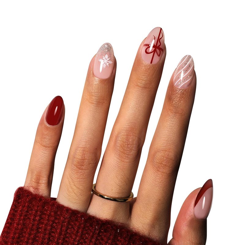 Beetles Christmas Press On Nails - Christmas Bow | Short Almond Press On Nails | 32Pcs 16 Sizes Natural Salon Quality Red French Nail Tips With Quick-drying Nail Glue For Women