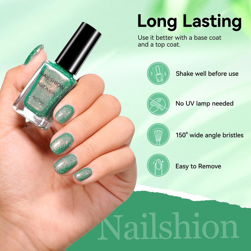 Nailshion Green Nail Polish, Fast Air Drying Sparkly Shimmer Dreamy Teal Glitter Nail Polish, 15 Toxic-free, High Shine Finish, Rich in Castor Oil, DIY at Home Nails Art Salon Travel Manicure Gift