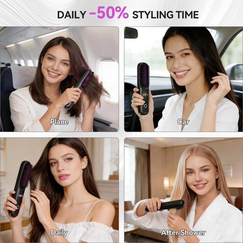 Go Brush Pro 2026 Negative Ionic Cordless Hair Straightener Brush Fast Heating Ceramic Brush for Women Portable Straightener Brush Smooth Frizz Free Hair Brush CP-S8