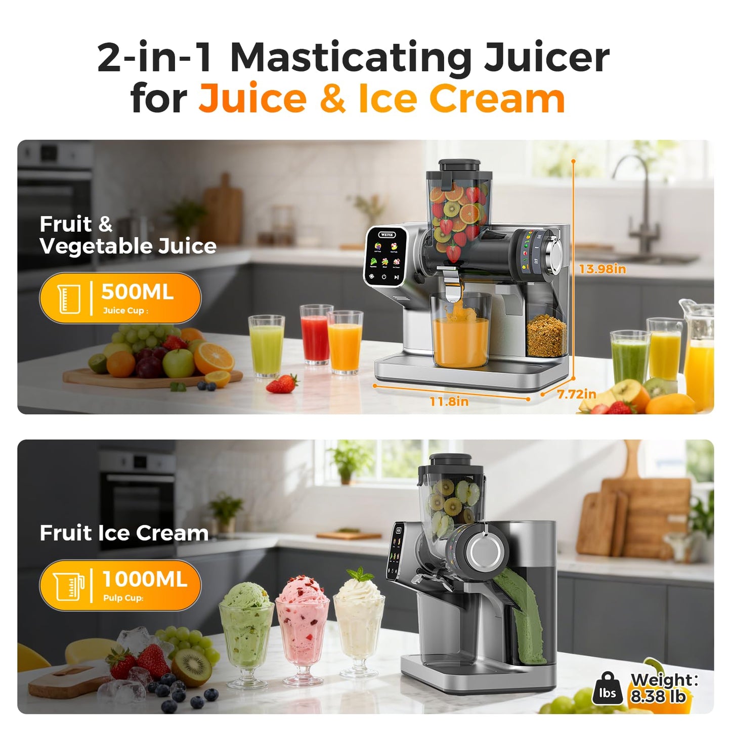 WETIE Cold Press Juicer, Slow Masticating Juicers Machines with Touch Screen, Adjustable Juicing Pressure, 99% Juice Yield, 3.54'' Wide Chute Juicer Extractor, Easy to Clean with Brush & Recipes