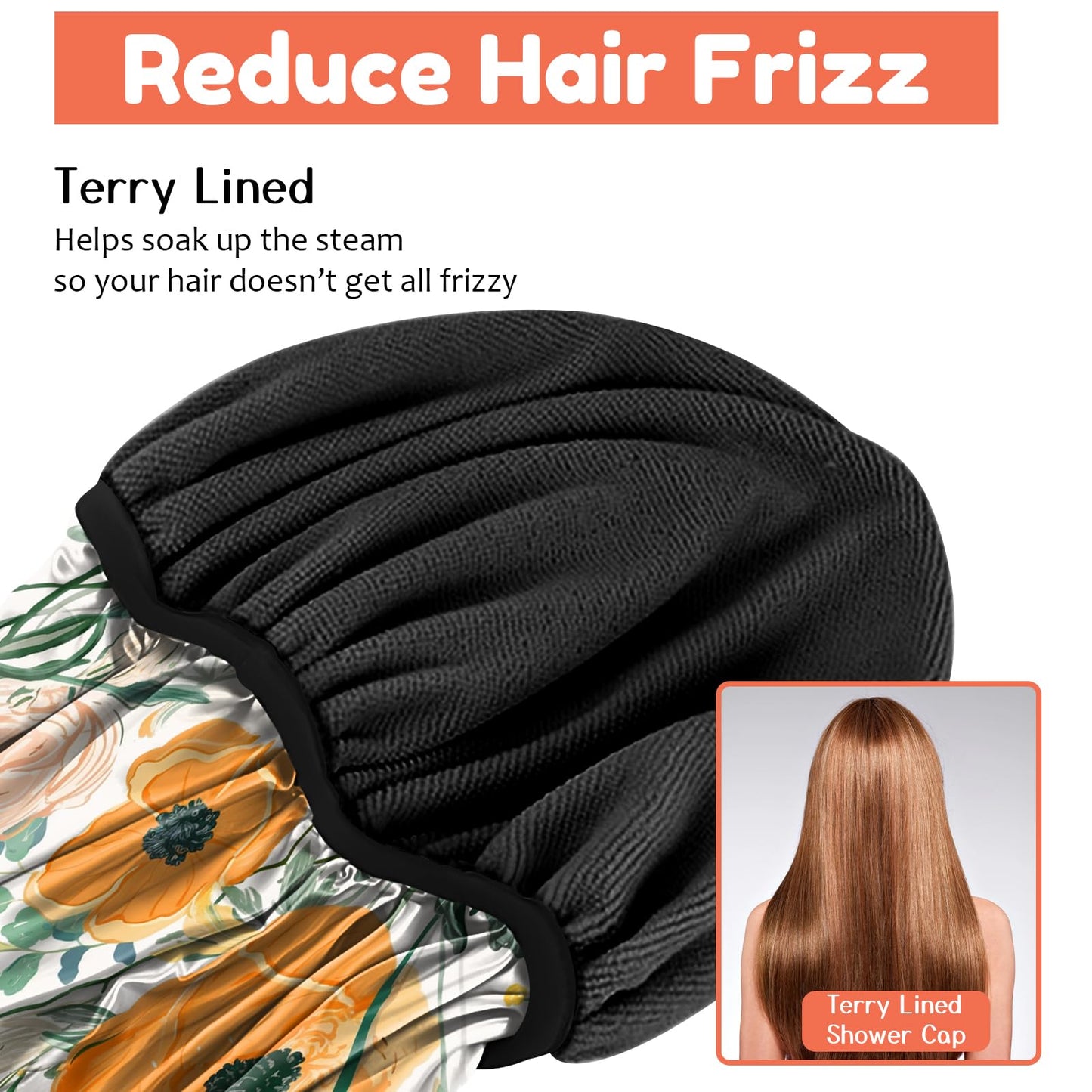 Cabreche Luxury Shower Cap Terry Lined Reusable Triple Layer Waterproof Hair Elastic Caps Shower Bath Hat for Women Girls Cute Aesthetic-Orange Flower