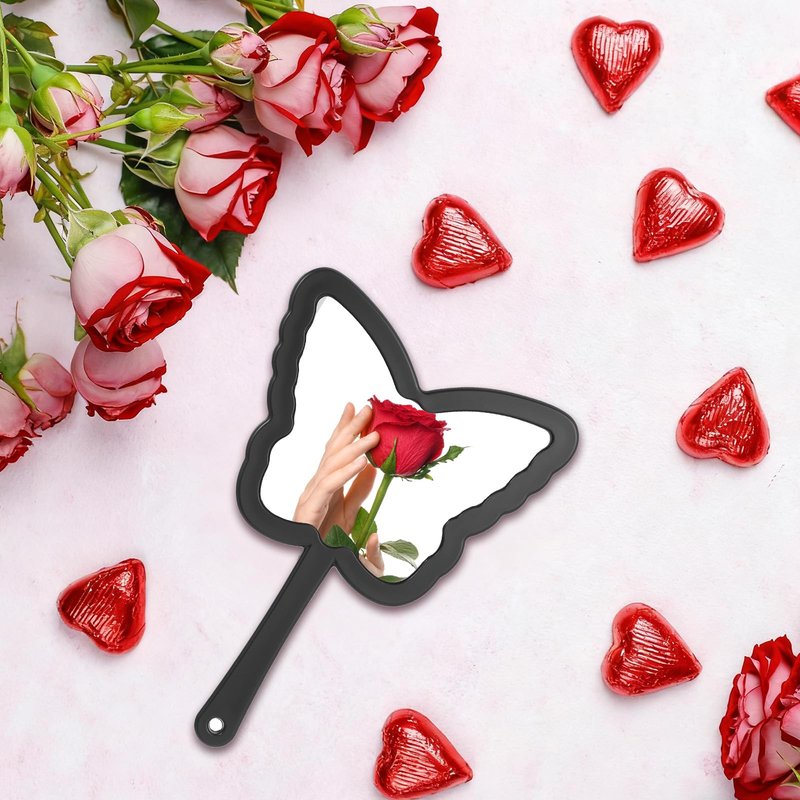 Butterfly Shaped Hand Held Mirror with Handle, Cute Cosmetic Travel Handheld Mirror, Single-Sided Portable Travel Vanity Lash Hand Held Mirrors for Shaving Makeup Men & Women (Black, 6 x 8 Inch)