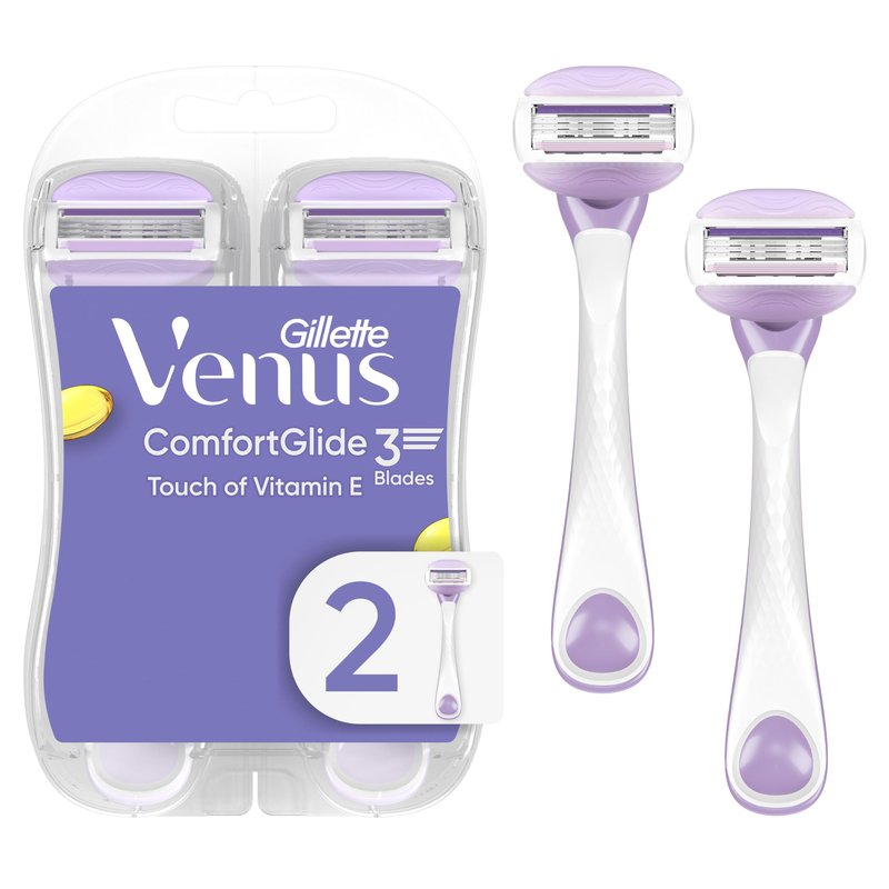 Gillette Venus ComfortGlide Touch of Vitamin E, Disposable Razor for Women, 3 Blades, Water-Activated Moisture Bars, 2ct
