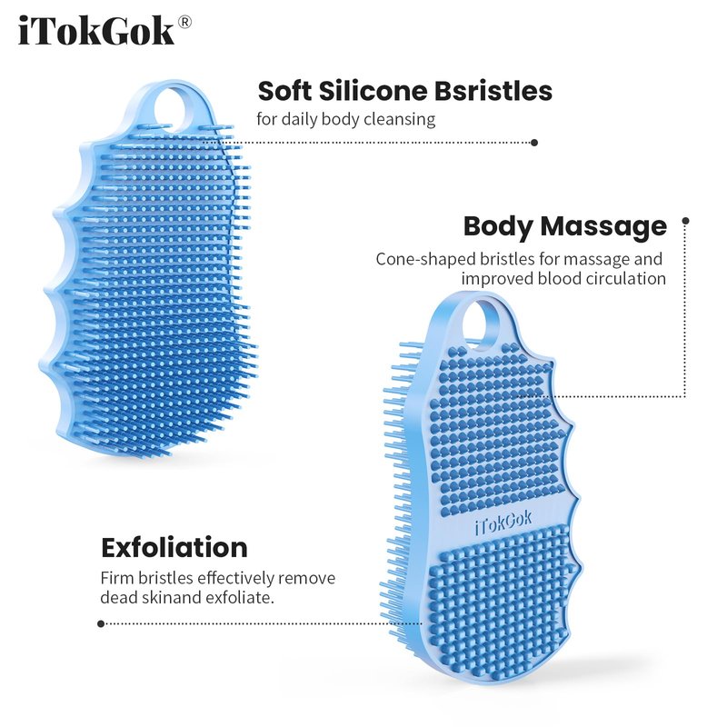 iTokGok Silicone Body Scrubber Silver-Infused Dual-Sided 3-in-1 for Shower, Body Cleaning+Massage+Exfoliator Body Brush Buffer for Men and Women, Silicone Loofah, Non-Slip Handle (Sky Blue)