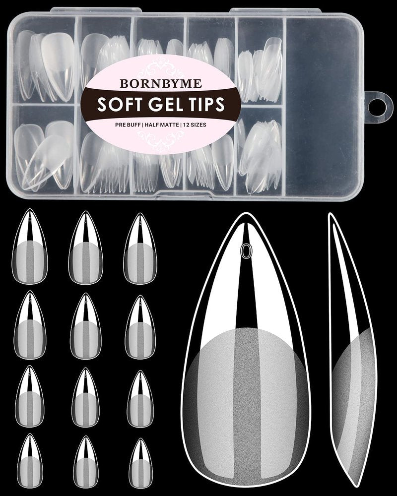 BORNBYME Soft Gel Nail Tips - Medium Stiletto, 120PCS Full Cover Half Matte Extensions