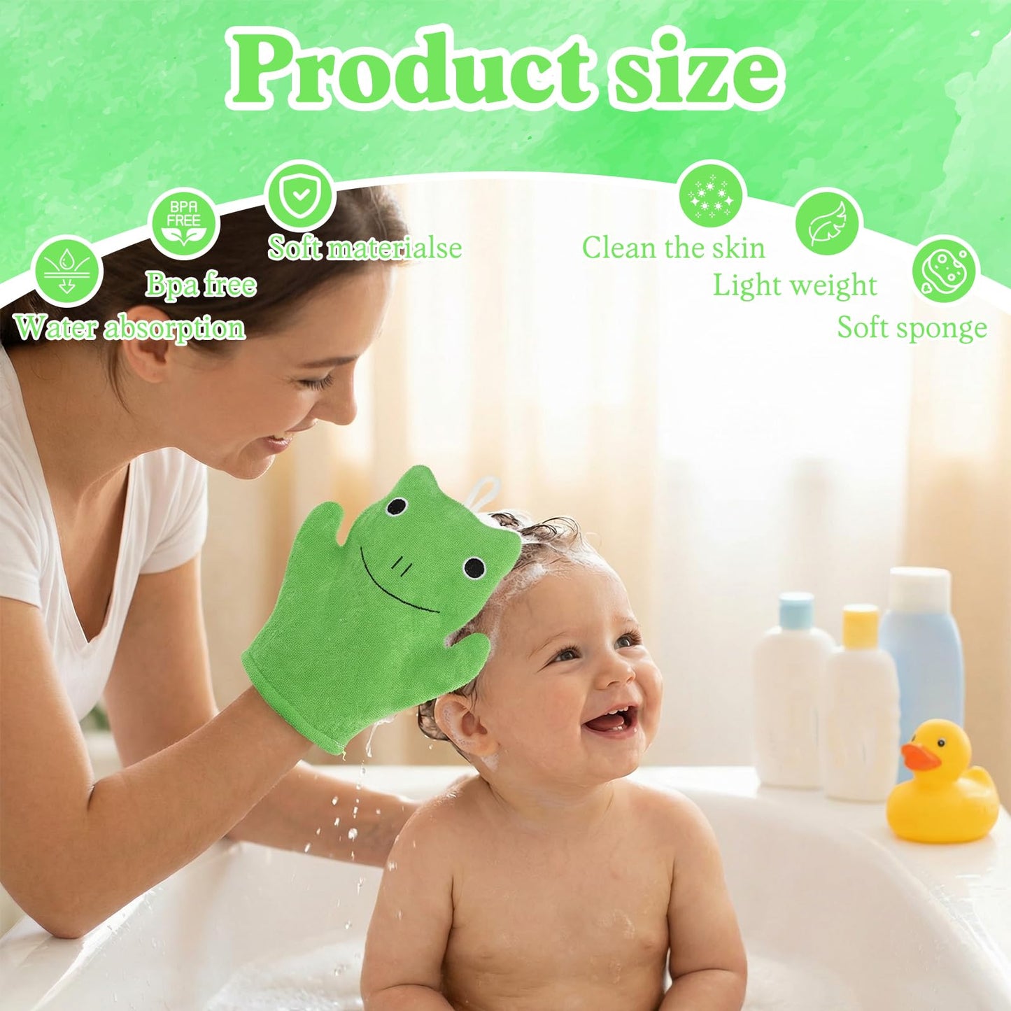 FNANJWQ 2 Pieces Baby Bath Mitt Washcloths Gloves, Microfiber Soft Washcloths for Kids Designed in Cute Animal Yellow Duck Frog Gentle Scrub for Baby Girl Boy Bath Shower