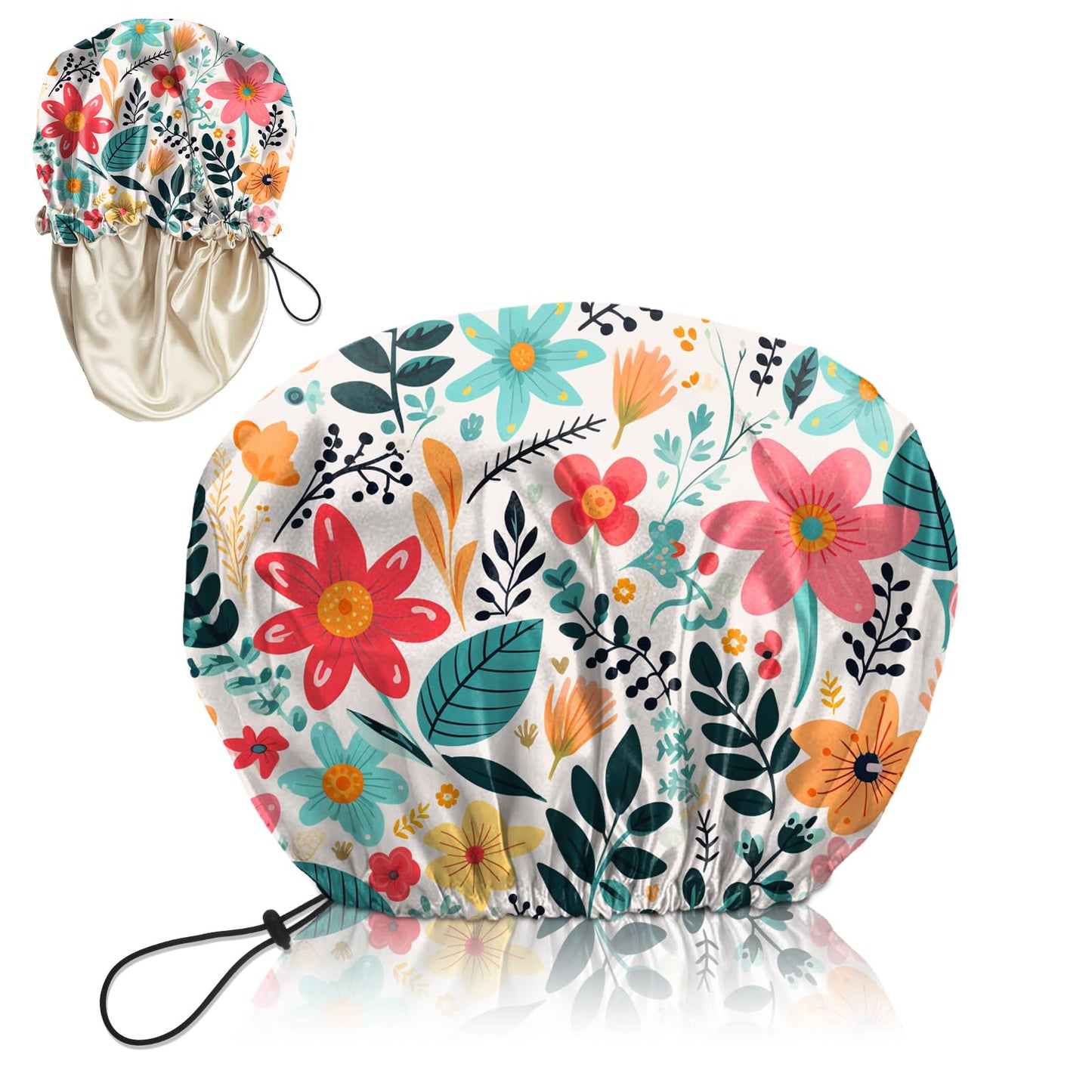Deokke Luxury Shower Cap Silk Satin Lined Waterproof Reusable Adjustable Elastic Dry Hair Bathing Caps Cute for Women Girls-Red Flower