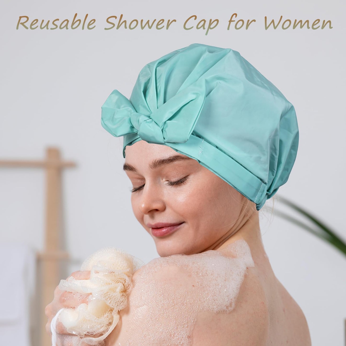 TUVATU Shower Cap for Women Reusable Waterproof, Large Satin Shower Bonnet, Washable Bath Hat for Long Hair, Braids, Curly Hair, Aqua