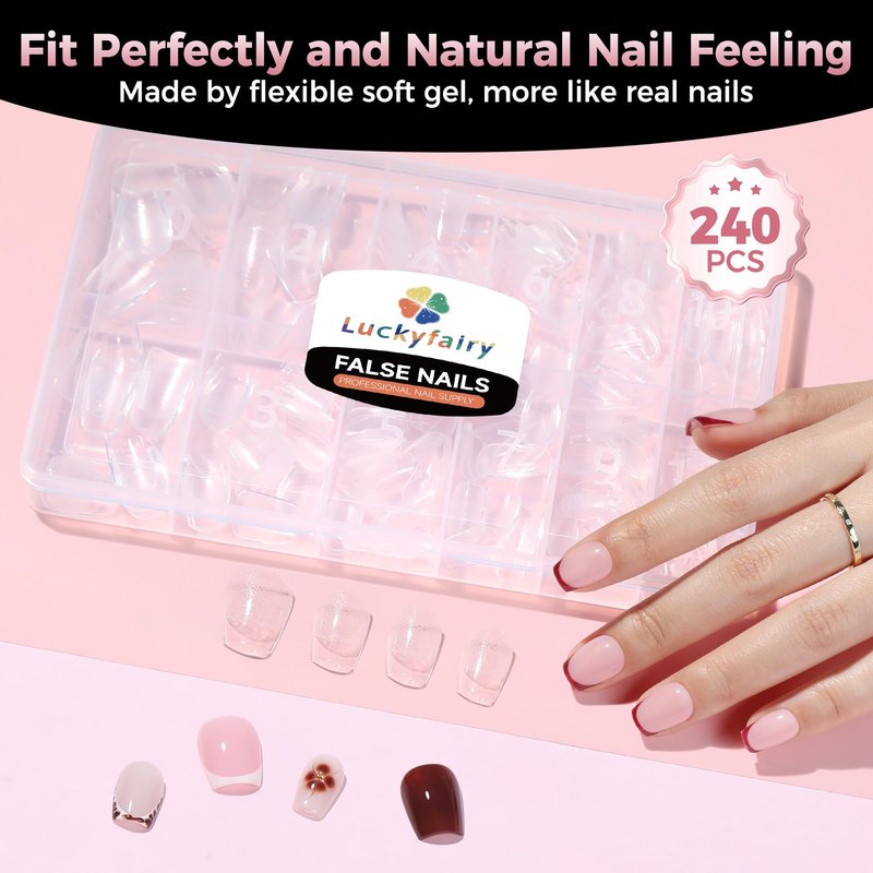 Luckyfariy Extra Short Coffin Nail Tips, 240Pcs Pre-shaped Half Matted Full Cover Ballerina Fake Nails Press on Extension, Soft Gel Clear Tips Home DIY Mani 12 Sizes