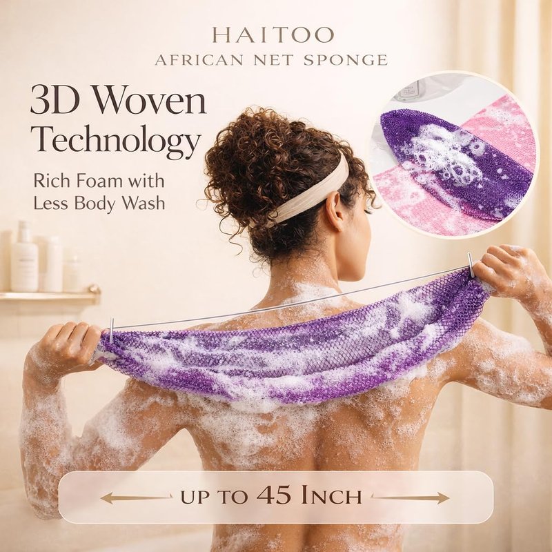 African Net Sponge Authentic, 3 Pieces African Exfoliating Net Sponge Body Back Scrubber Exfoliating Washcloth for Shower Bath for All Types Skin (Purple+Pink+Olive Green, 3 Pcs)