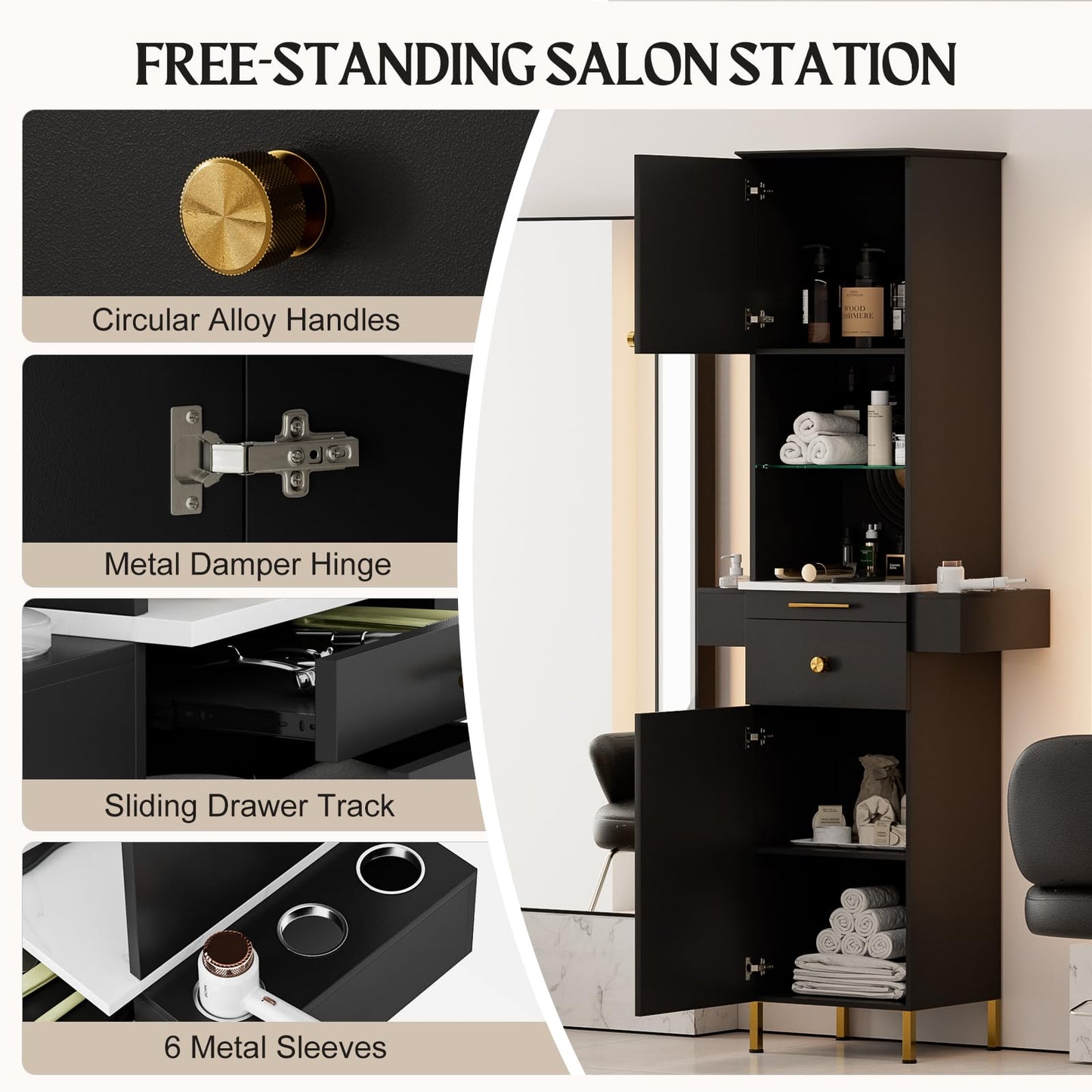 TTGIEET Beauty Salon Station, Hair Salon Station w/Glass Shelf & Golden Handles, Stylist Station for Salon w/6 Hair Dryer Holders, 2 Storage Cabinet & Drawers(Black)