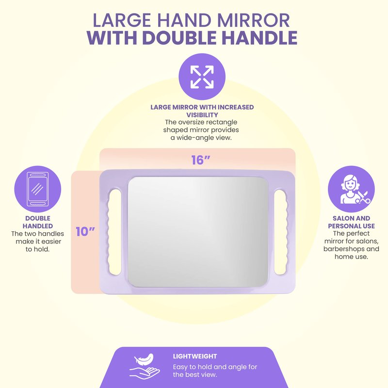 Large Hand Mirror with Double Handle - Rectangular Hand Held Mirror with Handle - Hair Salon Equipment Hairstylist and Barber Accessories (Lavender Purple)