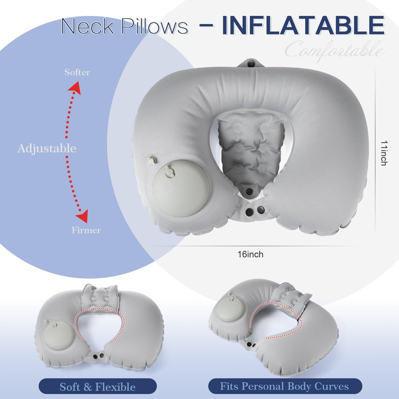 Colingmill 2 Pcs Inflatable Bath Pillows for Tub, U-Shaped Neck & Head Support Cushion, Portable Blow Up Travel Neck Pillow with Adjustable Button for Airplanes & Home Spa(Grey, Black)