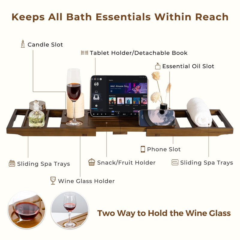 Teak Bathtub Tray, Wooden Tray Caddy for Bathtub, Luxury Bathroom Trays for Home Spa Relaxation, Teak Bathtub Caddy as Housewarming, Wedding Gifts for Women (Walnut Teak)