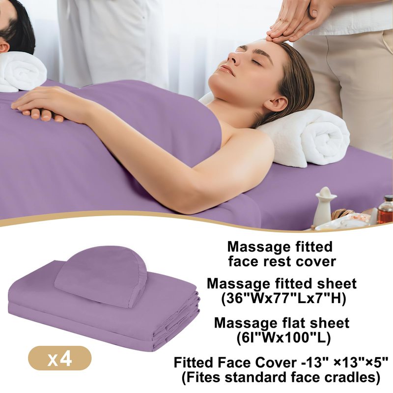 4 Sets Premium Microfiber Massage Table Sheets Set 3 Piece Set Includes Massage Table Cover Fitted Sheet and Fitted Face Rest Cover, Purple