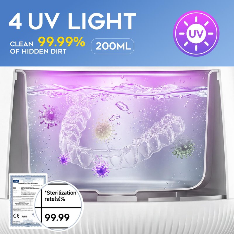 Ultrasonic Retainer Cleaner Machine, Dynamic 42-48kHz Dental Cleaning Pod with Digital Timer, 200ml Mouth Guard Cleaner Pod for Aligners, Night Guards, Dental Trays, Braces & Toothbrushes (White)