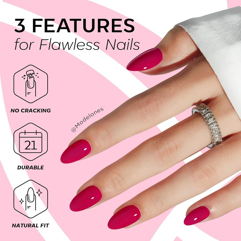 Press On Nails Almond - Raspberry Summer Bright Short Fake Nails | 32 Pcs, Reusable Kit with Glue & Mini File