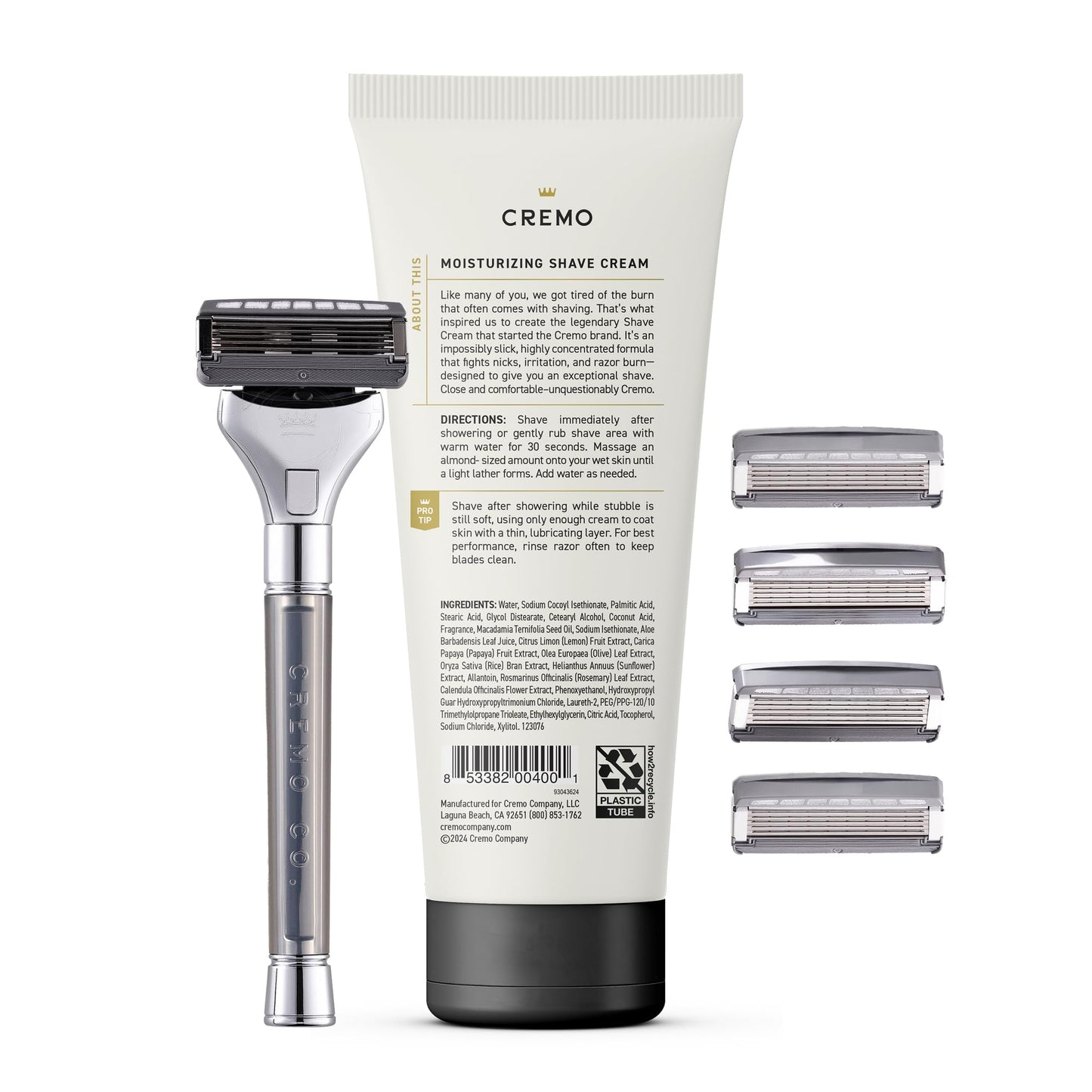 Cremo Original Shave Gift Set for Men, includes Impossibly-Slick 6 oz Shaving Cream, Chrome Barber Grade Razors for Men and four Razor Blades Refills