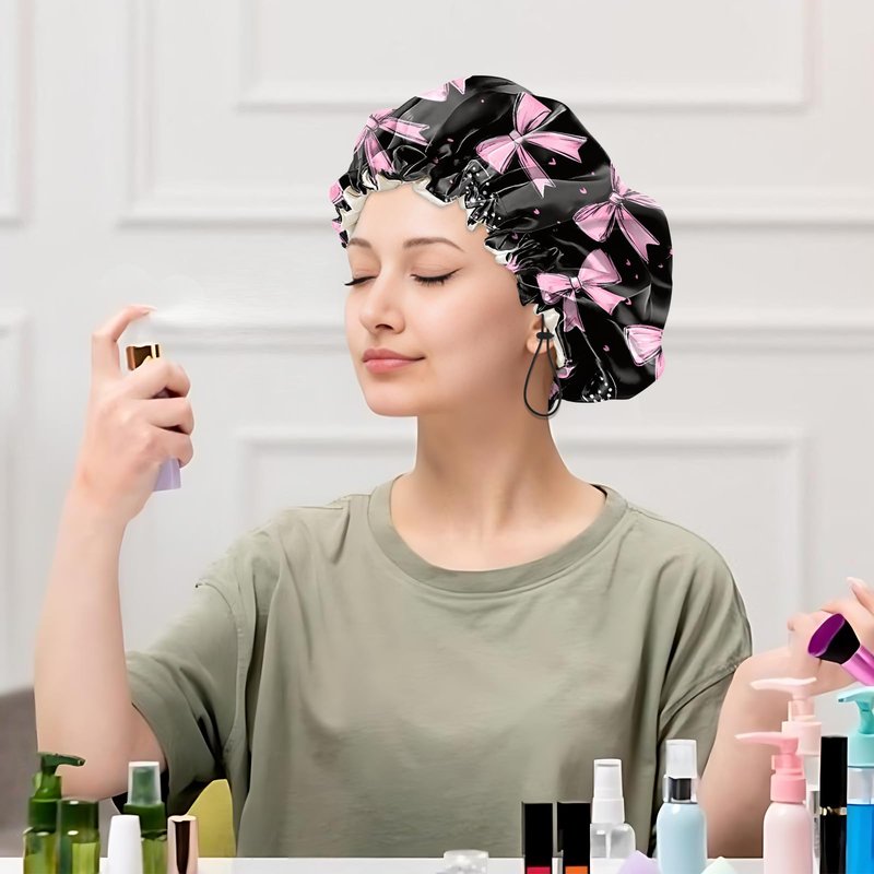 Cabreche Luxury Shower Cap Satin Silk Lined Adjustable Elastic Reusable Waterproof Shower Bath Cap Cute for Women Girls-Black Pink Bowknot