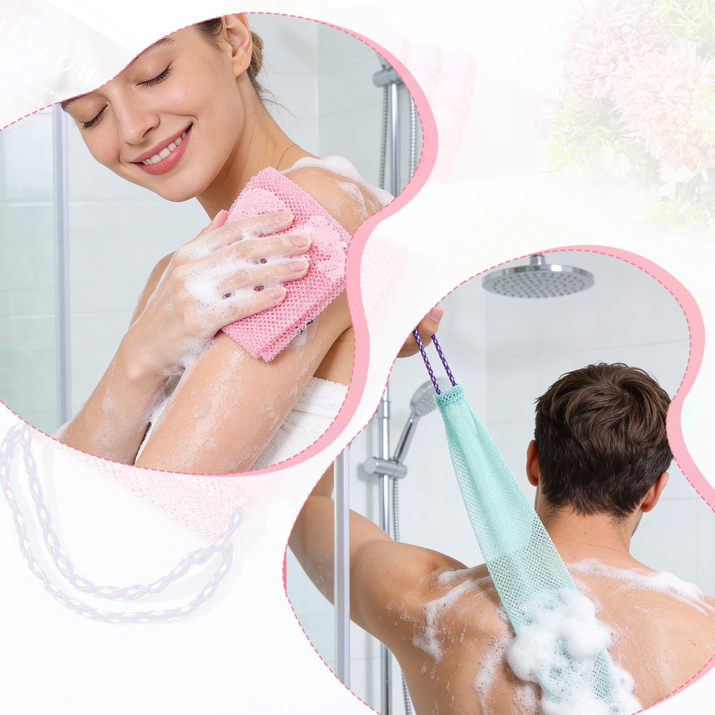 WJIAAA 3 Pieces African Net Sponge with Handles, Back Scrubber for Shower Exfoliating, Stretchable Authentic African Exfoliating Net Sponge Back Scrubber, Body Wash Nets Sponges for Bath